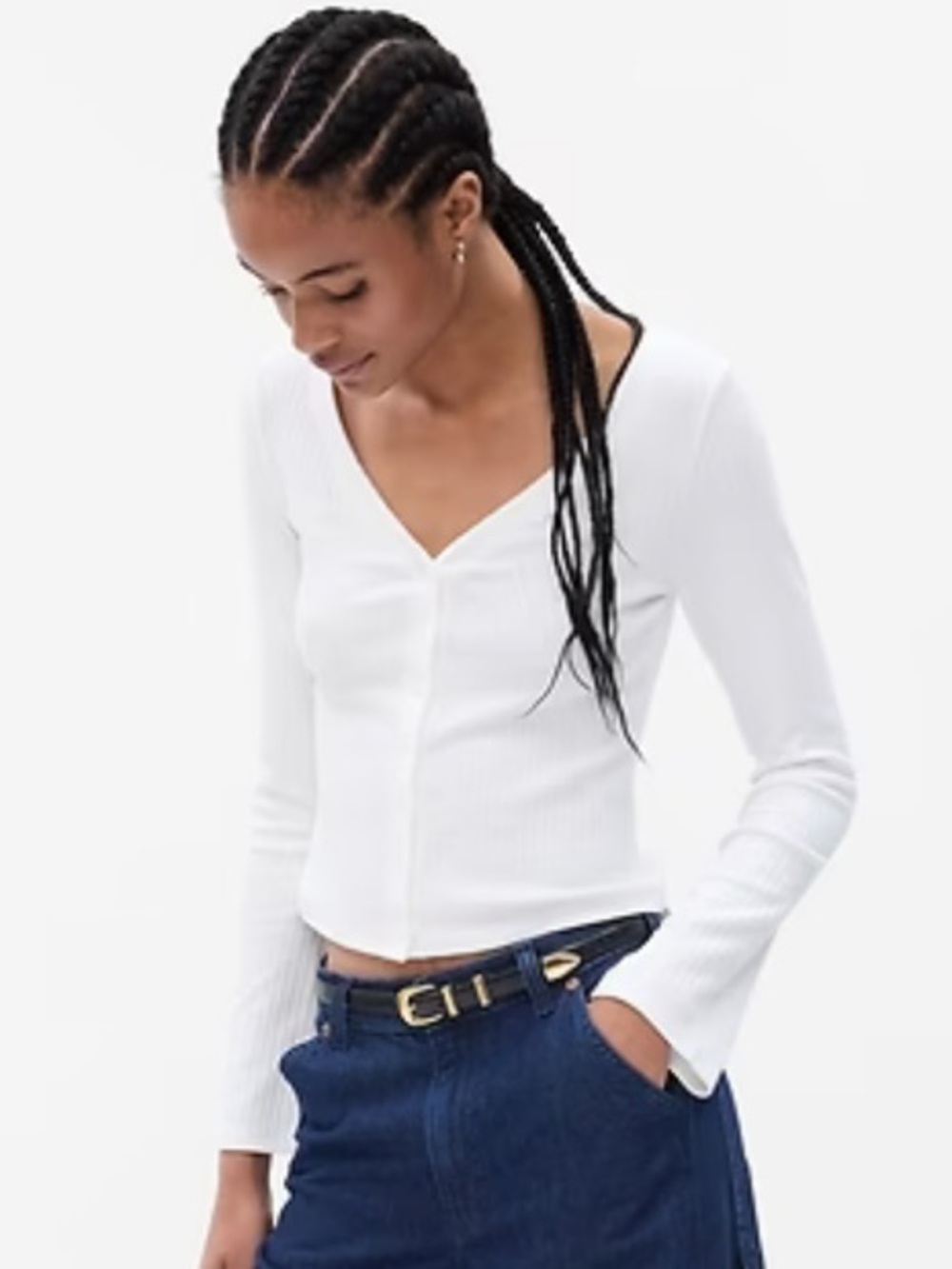 GAP White Ribbed V-Neck Long Sleeve Top - Slim Fit